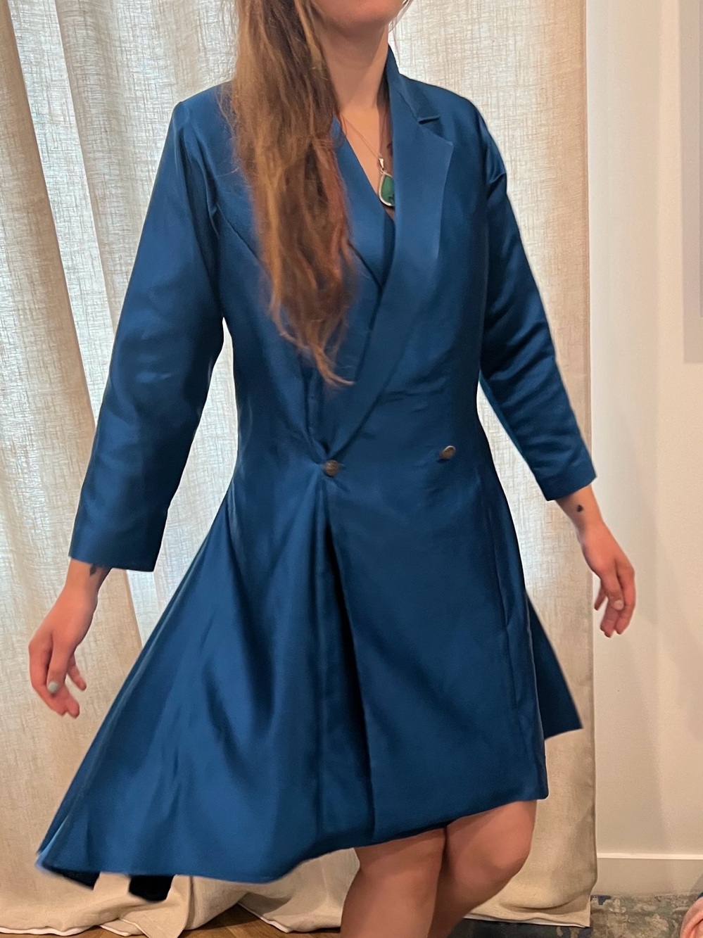 Custom made Satin Teal Double-Breasted High-Low Dress Blazer